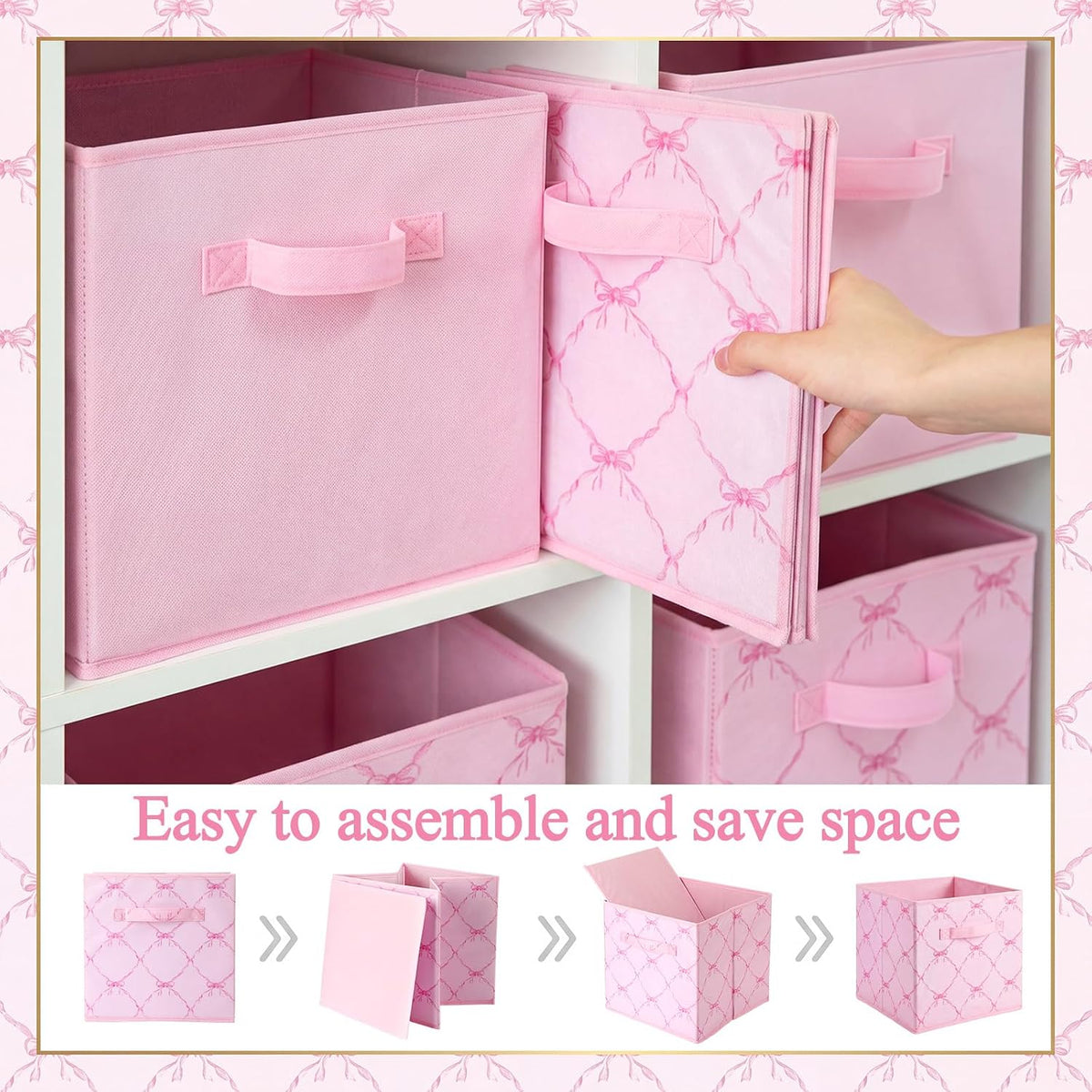 Geelin 6 Pcs Pink and Pink Bow Cube Storage Bins 11 Inch Storage Basket