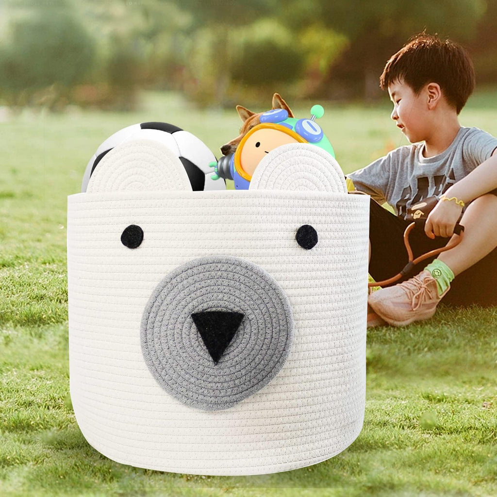 Foldable Woven Laundry Basket with Cute Bear Design - Large Capacity Decorative Organizer for Toys, Blanket, Towels, Clothes - White (16D x 14H inch)