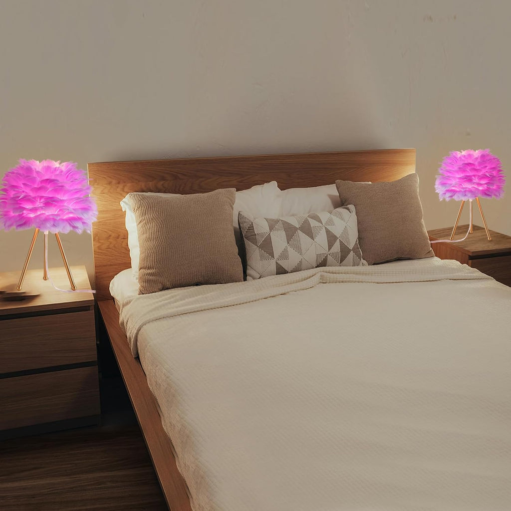 Capslpad Feather Tripod Table Lamp 15.3" Purple Modern Small Bedside Desk Lamp with Gold Finish Nightstand Lamp for Living Room Nursery Bedroom Kids Girls Room Decor