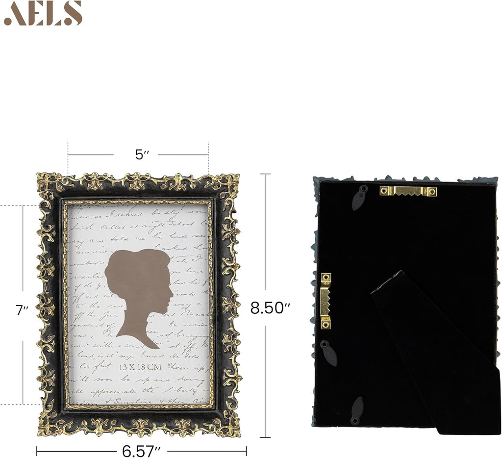 AELS 5x7 Inch Vintage Picture Frame, Elegant Antique Photo Frames with Glass Front, Photo Display, Tabletop Wall Hanging, Gift Ideas, Vine Pattern, Gold and Black
