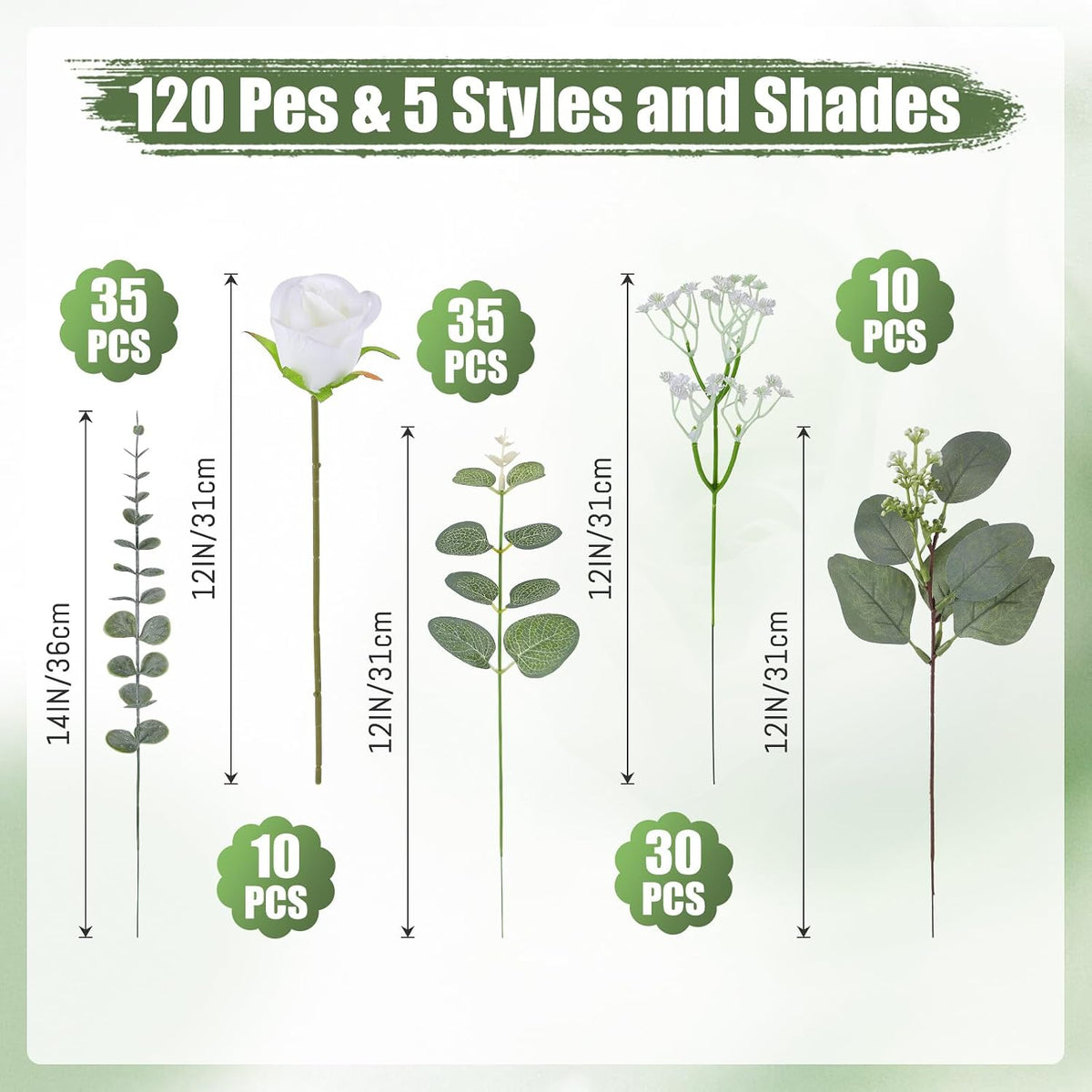 120 Pcs 4 Kinds Mixed Artificial Eucalyptus Greenery Stems Flowers Bulk