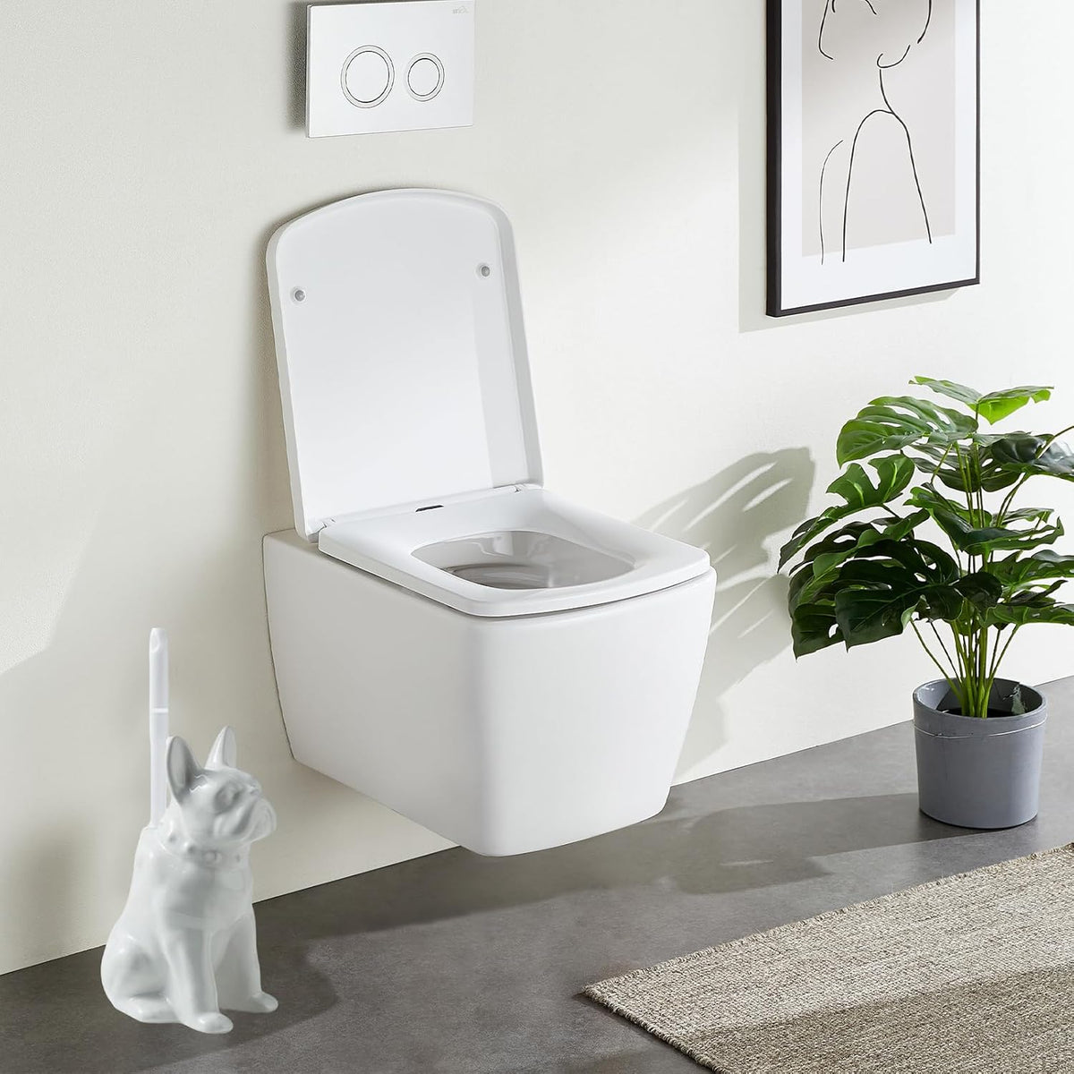 Comeon Ceramic Dog White Toilet Brush and Holder Set, Plastic Handle