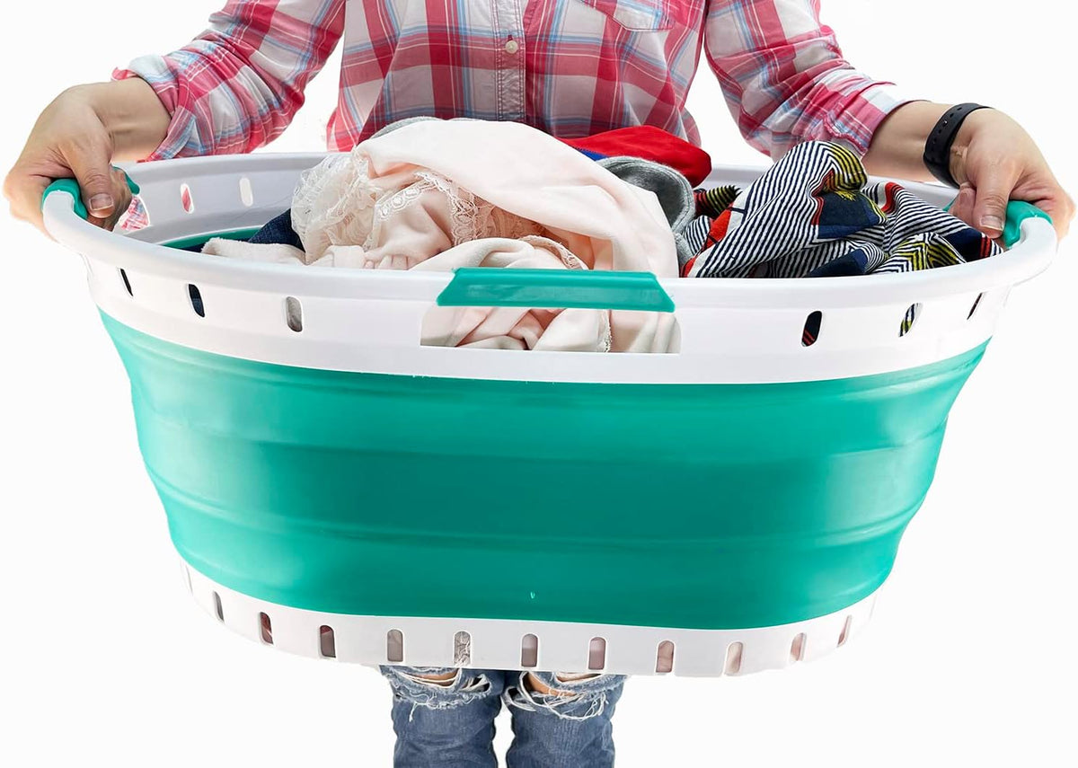 SAMMART 44L (11.6 gallon) Collapsible Plastic Laundry Basket - Foldable Pop Up Storage Container/Organizer - Portable Washing Tub - Space Saving Hamper/Basket (1, White/Bluish-Green)