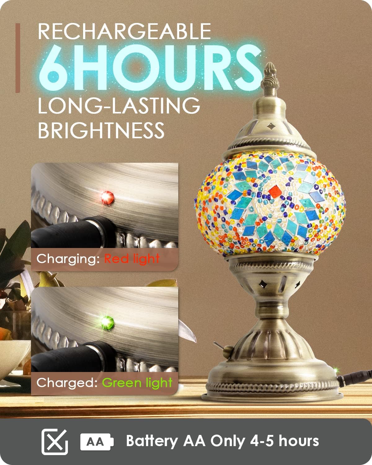 Yarra-Decor Turkish Moroccan Lamp with Bronze Base Handmade Tiffany Mosaic Glass Lamps Portable Bedside Lamps with Rechargeable Battery 2000mAh (LED Bulb Included) (Blue1)