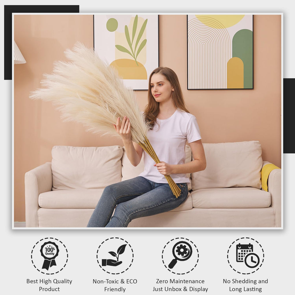 7 Pcs 45" Faux Pampas Grass – Fluffy Artificial Pompous Grass for Tall Floor Vase, Non-Shedding Home Decor, Boho Wedding Flowers, Baby Shower Centerpieces, Bedroom & Living Room Decor (Beige)