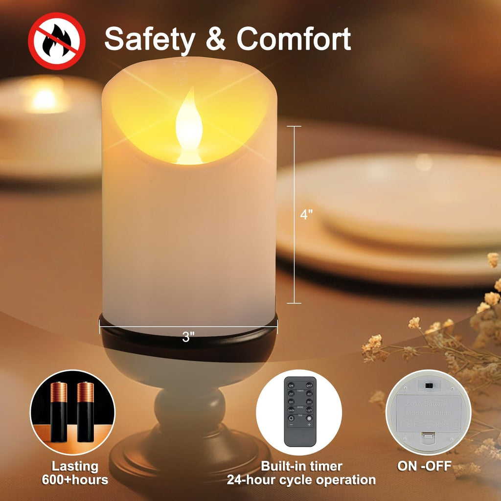 3"x4" Flickering Flameless Candles, Realistic LED Candles, Battery Operated Candles with Remote and Timers, Real Wax Electric Fake Pillar Candles for Festival Wedding Home Party Decor-2Pack