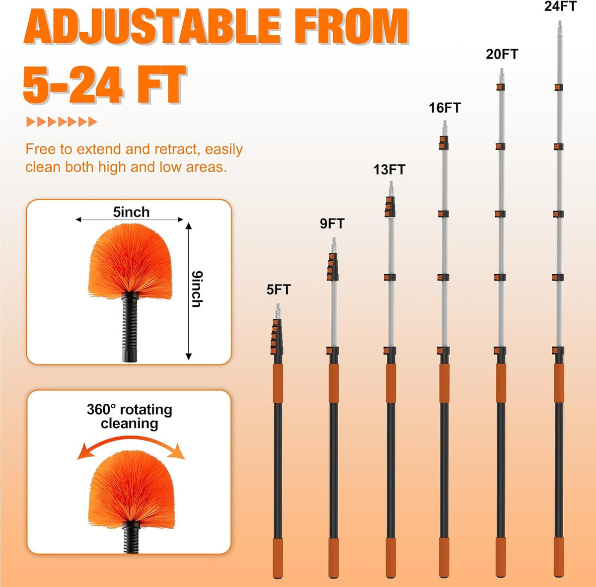 LAANPOLE 24FT Cobweb Duster with Extension Pole, Spider Web Brush for Cleaning Extendable, Professional Ceiling and Corner Dusters for Outdoor Indoor Use