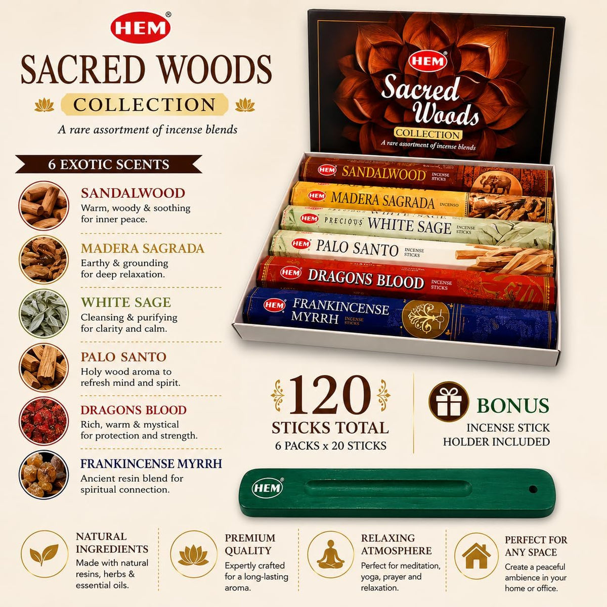 Hem Assorted Sacred Woods Incense Sticks, 6 Fragrances x 20 Sticks, 120 Total