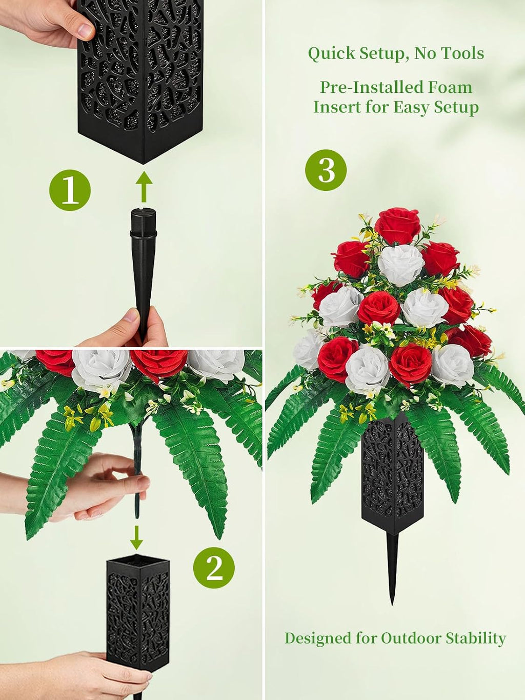 Mirevielyn 18-Stem Artificial Rose Cemetery Flowers with Spiked Vases