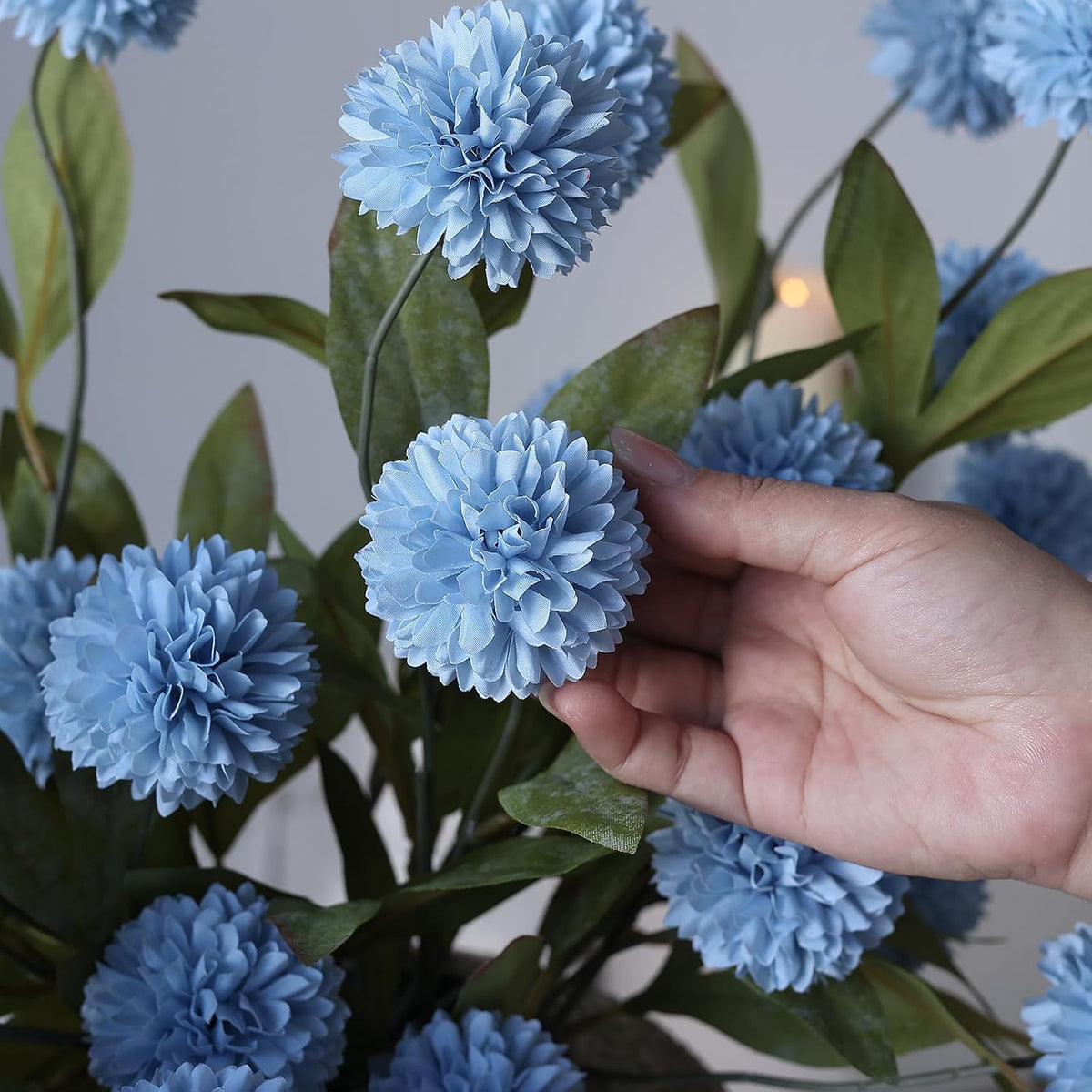 6 Pcs 27"Artificial Pompon Mum Silk Flower Stems for Vase (Dusty Blue)