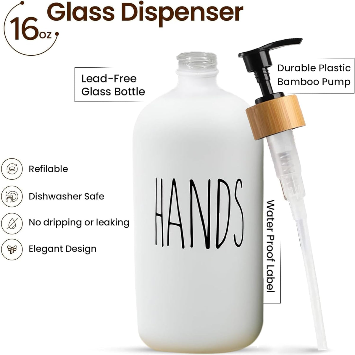 Sunrise Premium White & Black Glass Soap Dispenser-Bamboo Pump & Tray, 2 Pc