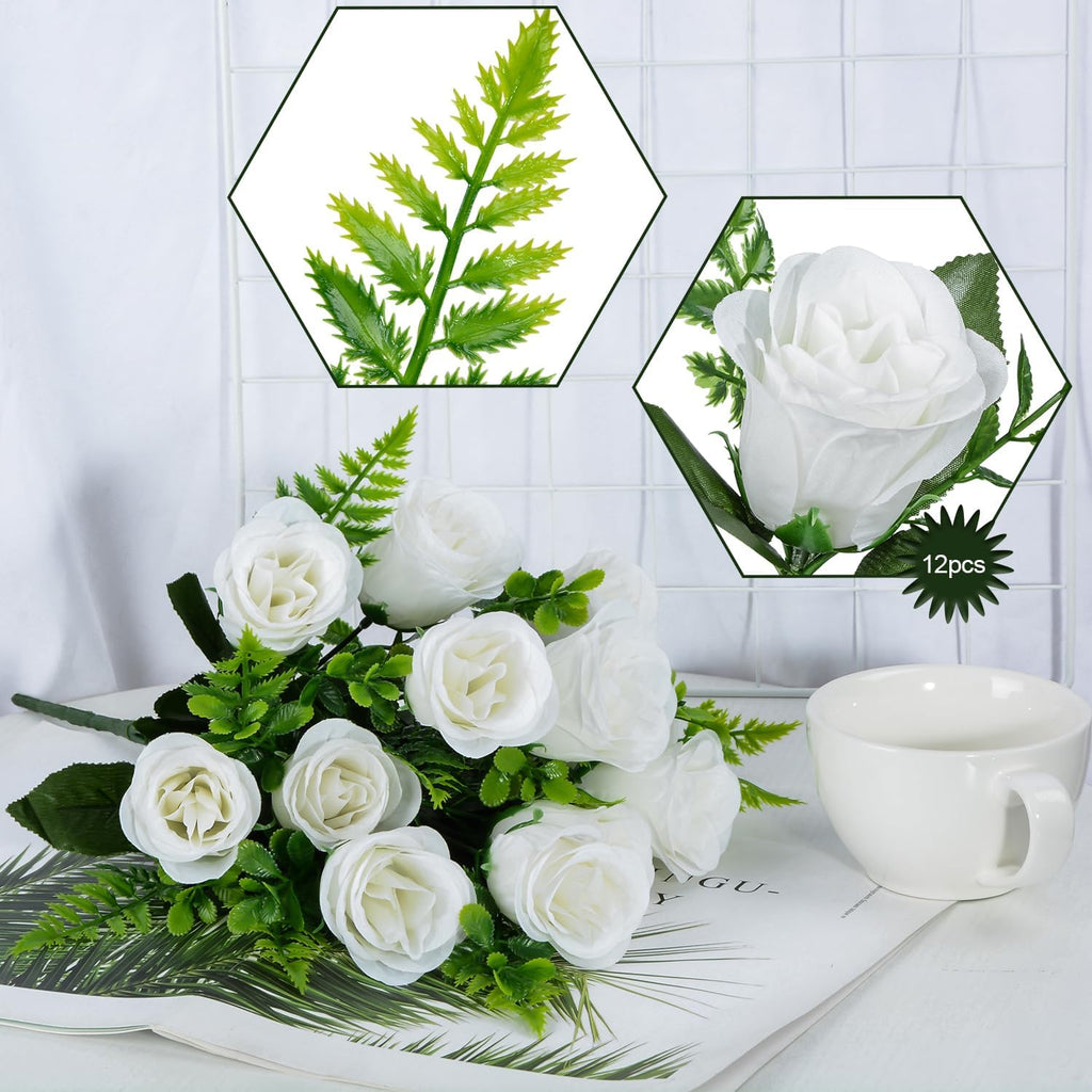 Artificial Rose Flowers Bouquet Realistic Silk Rose Fake Flowers for Wedding Home Centerpieces Party Cemetery Grave Decoration (4 Bouquets, White)
