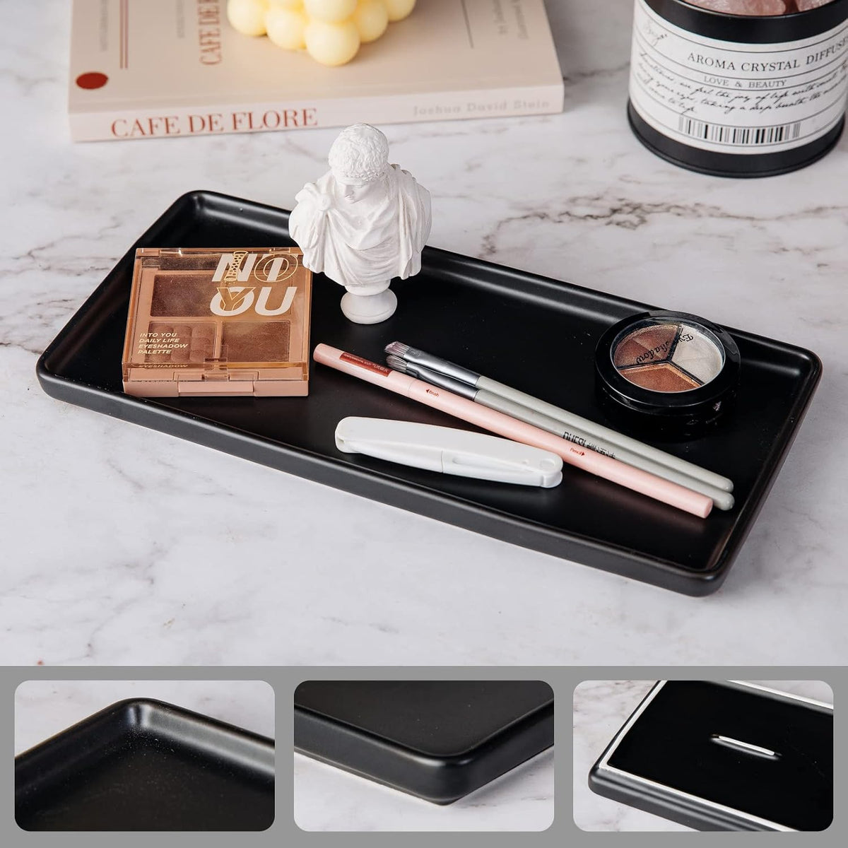 Ceramic Bathroom Tray, Modern Countertop Vanity Organizer, Porcelain Rectangular Soap & Perfume Tray, Water-Resistant Dresser Jewelry Dish, 10",Black, 2 Pack