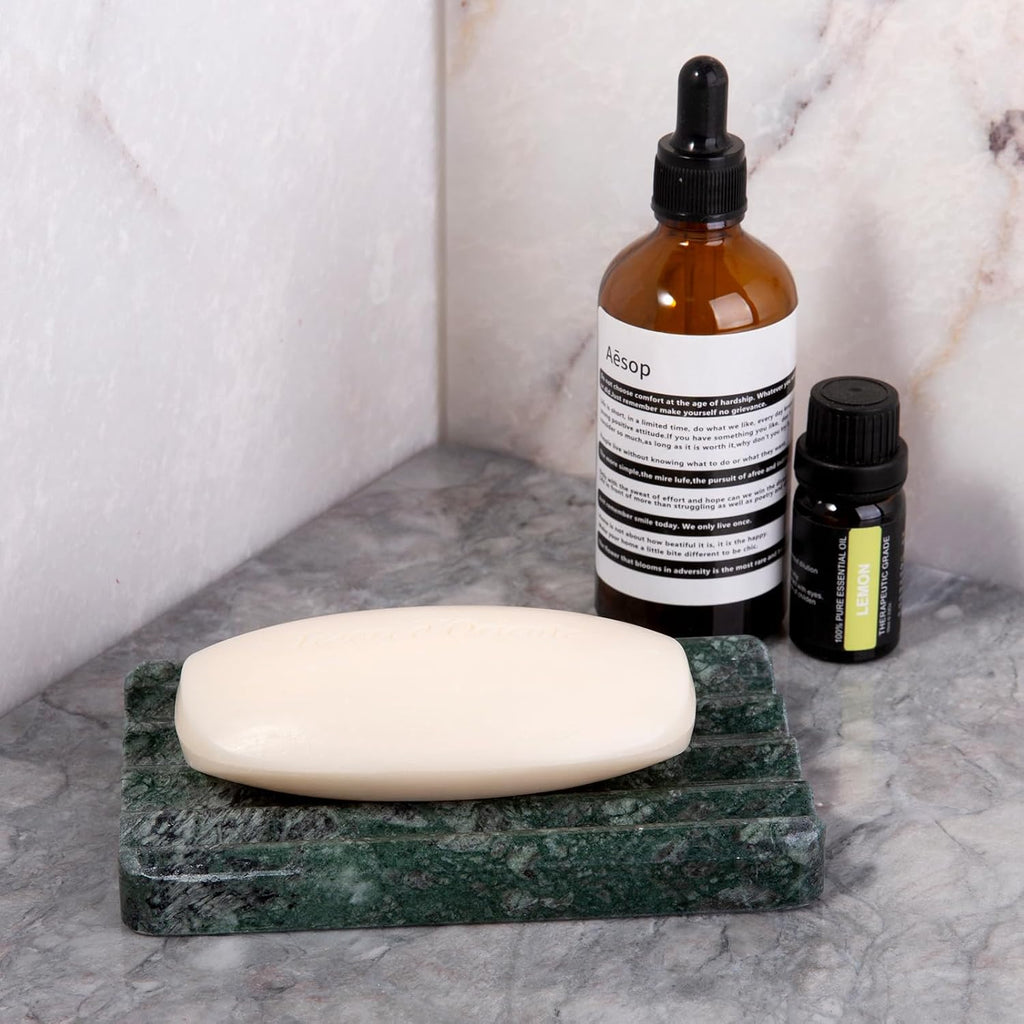 2PCS Koville Indian Natural Green Marble Soap Dish for Shower, Stone Soap Tray for Bathroom, Marble Bar Soap Holder for Sink, Stripe Grooves Soap Saver Sponge Holder