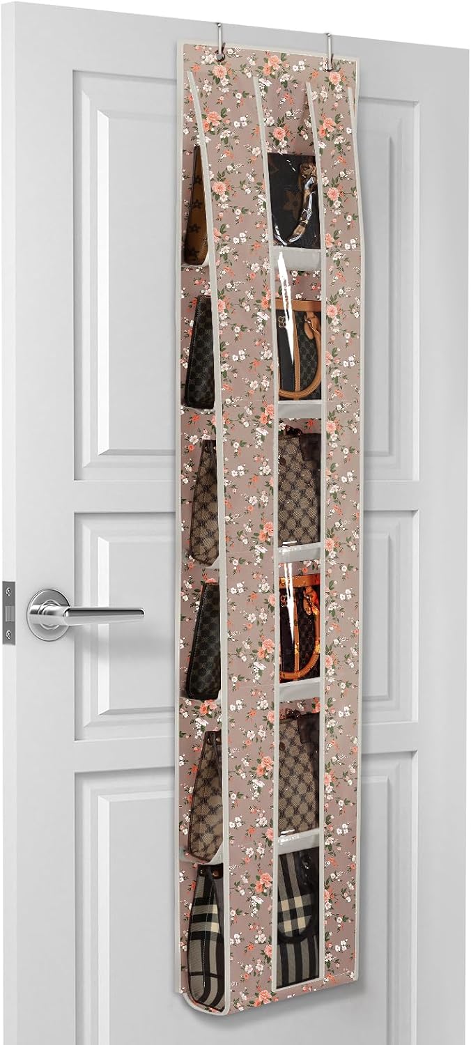 Lirex Over the Door Purse Organizer, Space-Saving Medium and Large Handbag Storage Organizer Clothing Closet Hanger, Light Khaki Camellia