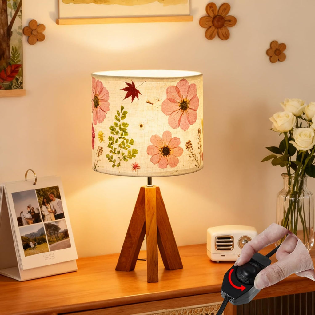 Dried Flowers Tripod Table Lamp 14.96in, 9W LED Dimmable Cute Bedside Lamp with Flowers Linen Lampshade for Nursery, Bedroom, Kid Room, Living Room, Light Brown Wooden Base