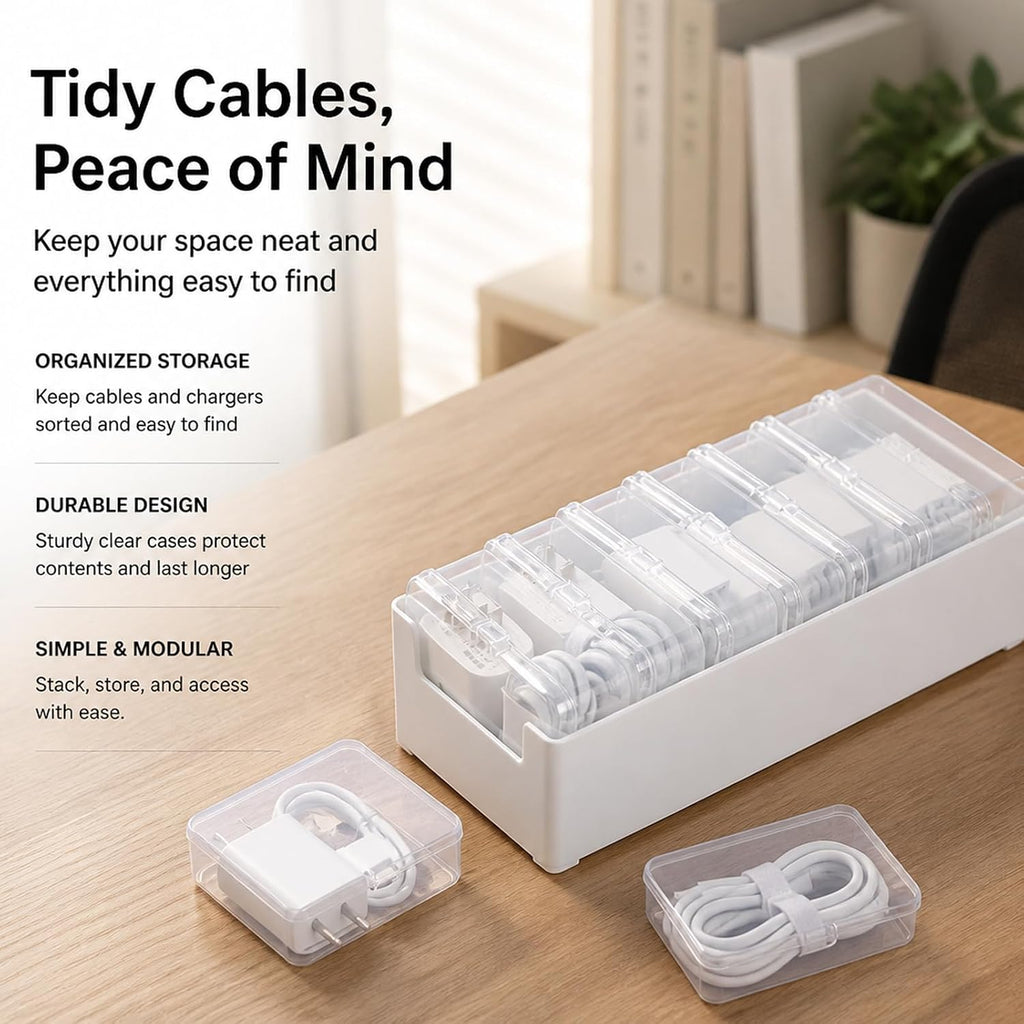 Cable Management Kit - Cable Storage Box - Adhesive Clips - Tie Mounts