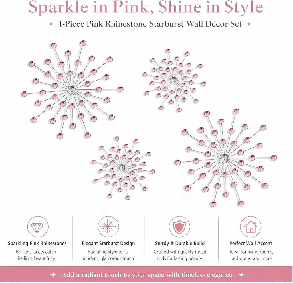 ZEXUIRU 4 Set Silver Starburst Wall Art for Home Decor Metal Bling Crystal Rhinestones Sunburst Wall Decor Sparkling Rhinestone Art Accent Silver - 13 in