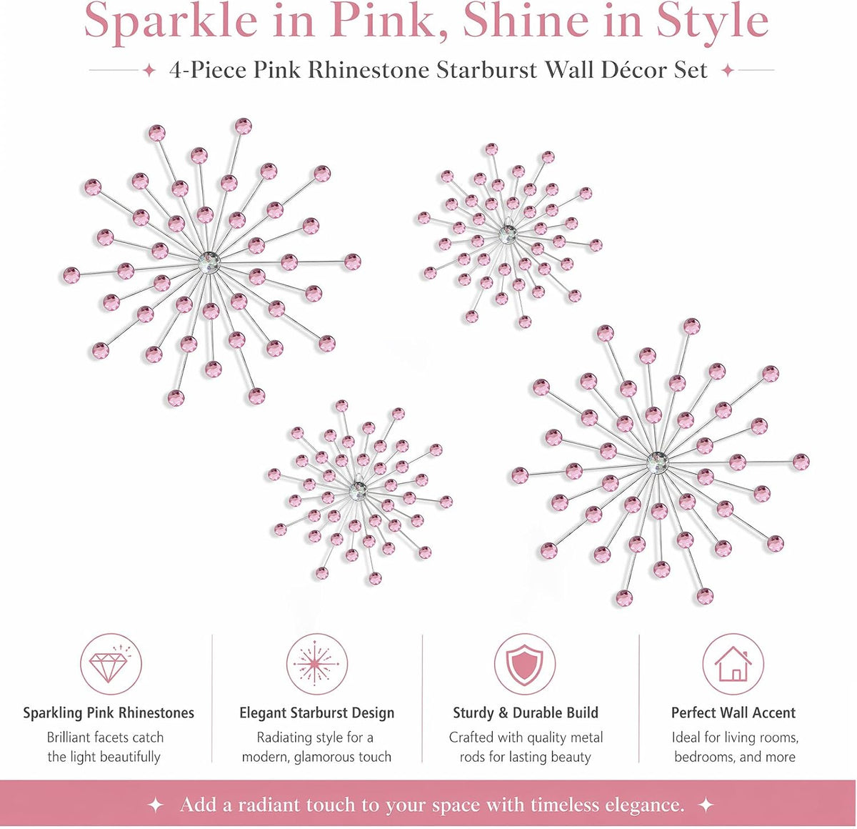 ZEXUIRU 4 Set Silver Starburst Wall Art for Home Decor Metal Bling Crystal Rhinestones Sunburst Wall Decor Sparkling Rhinestone Art Accent Silver - 13 in