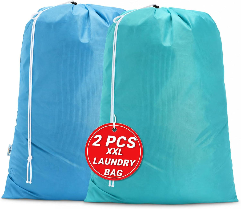 2 Pack XL Laundry Bags, Extra Heavy Duty Large Laundry Bag with Drawstring Closure, Machine Washable Clothes Organizer for Hamper, College Dorm, Travel (Blue + Green, X-Large)