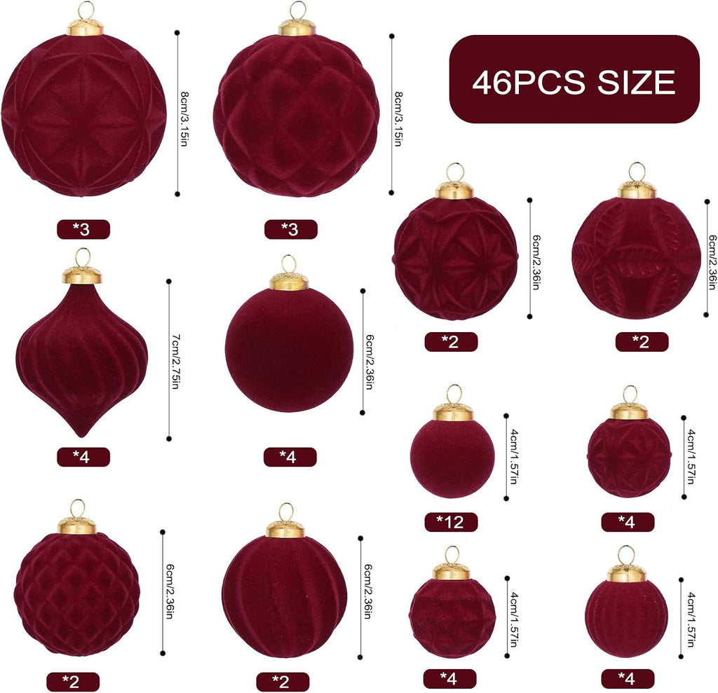 46PCS Velvet Christmas Ball Ornaments Set, Burgundy Flocked Shatterproof Xmas Tree Decor, Assorted Hanging Ornaments with Loop for Holiday Home Decor, Christmas Tree Decoration (Red)