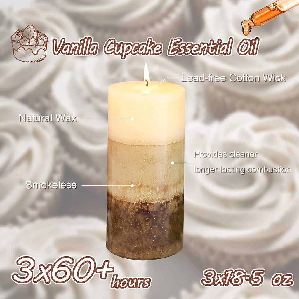 3x6 Pillar Candles Vanilla Cupcake Scented Immeiscent Aromatherapy Candles 60+ Hours Burn Long Lasting, Mottled Layered Candles for Home Scented SPA Restaurant Set of 3