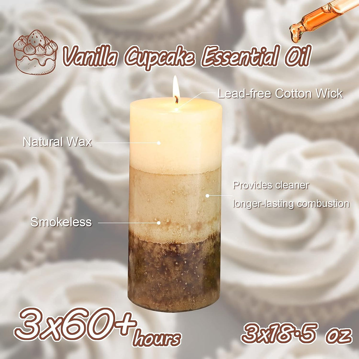 3x6 Pillar Candles Vanilla Cupcake Scented Immeiscent Aromatherapy Candles 60+ Hours Burn Long Lasting, Mottled Layered Candles for Home Scented SPA Restaurant Set of 3