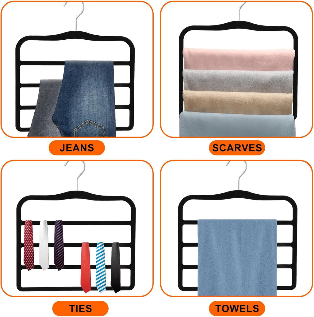 4 Pack Space Saving Velvet Pants Hangers, Dorm Room Essentials, Non-Slip Multi-Tier Closet Organizer for Jeans & Slacks, Maximize Wardrobe Storage with Multi-Purpose Rack for Shorts, Scarves & Ties