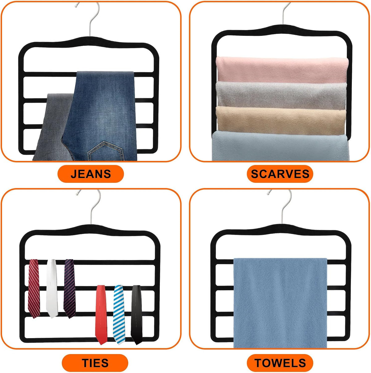 4 Pack Space Saving Velvet Pants Hangers, Dorm Room Essentials, Non-Slip Multi-Tier Closet Organizer for Jeans & Slacks, Maximize Wardrobe Storage with Multi-Purpose Rack for Shorts, Scarves & Ties