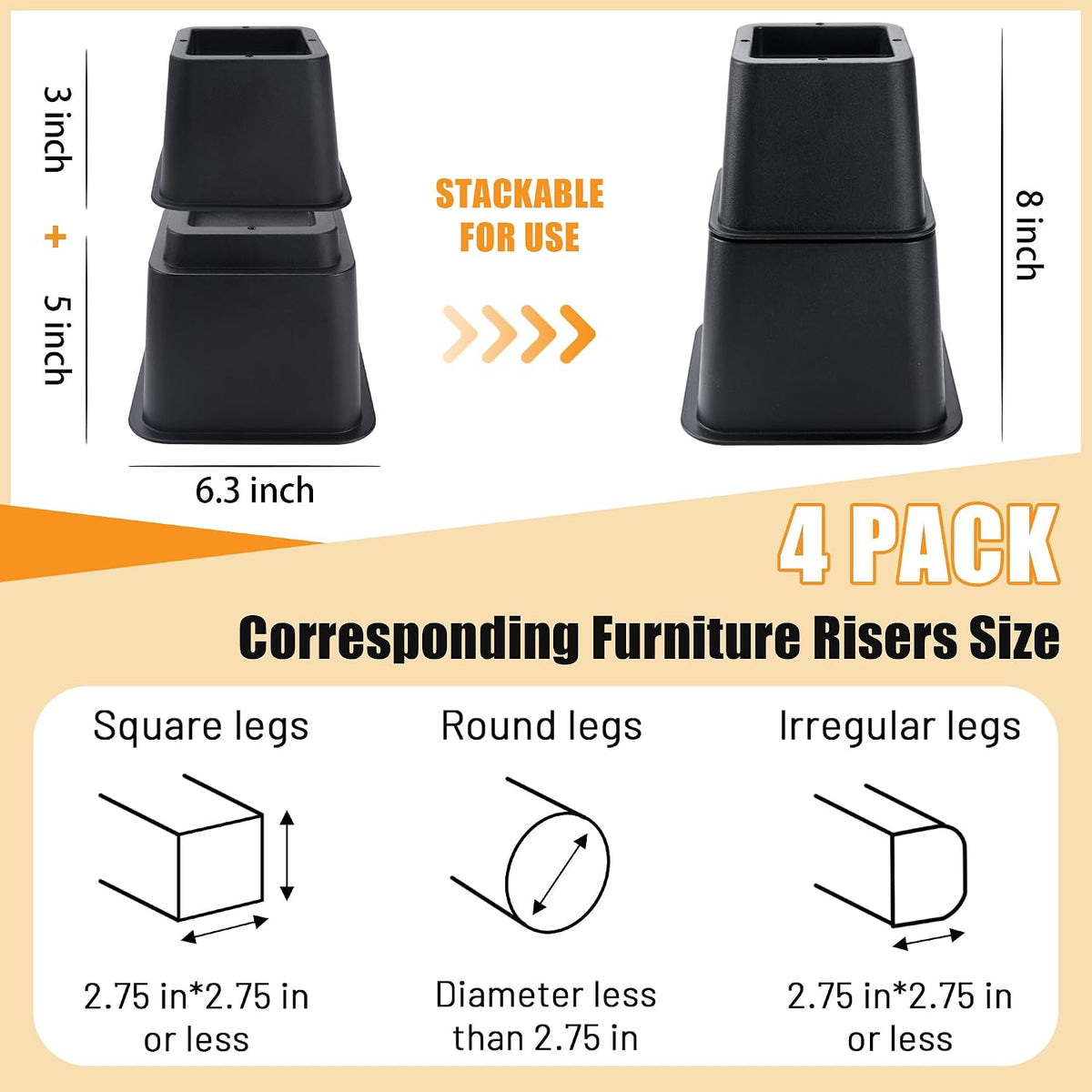 BTSD-home Adjustable Bed Risers, 3, 5 or 8 Inch Heights