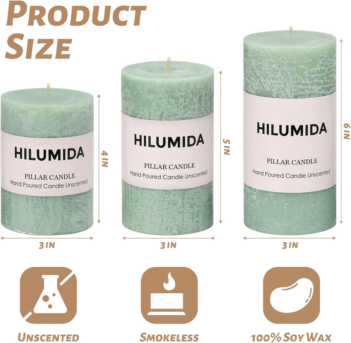 Sage Green Pillar Candles Set of 3 - Hand-Poured Unscented Candles,Smokeless Dripless Candles for Dinner Table and Home, Set of 3 in Different Sizes (3"x4", 3"x5", 3"x6")