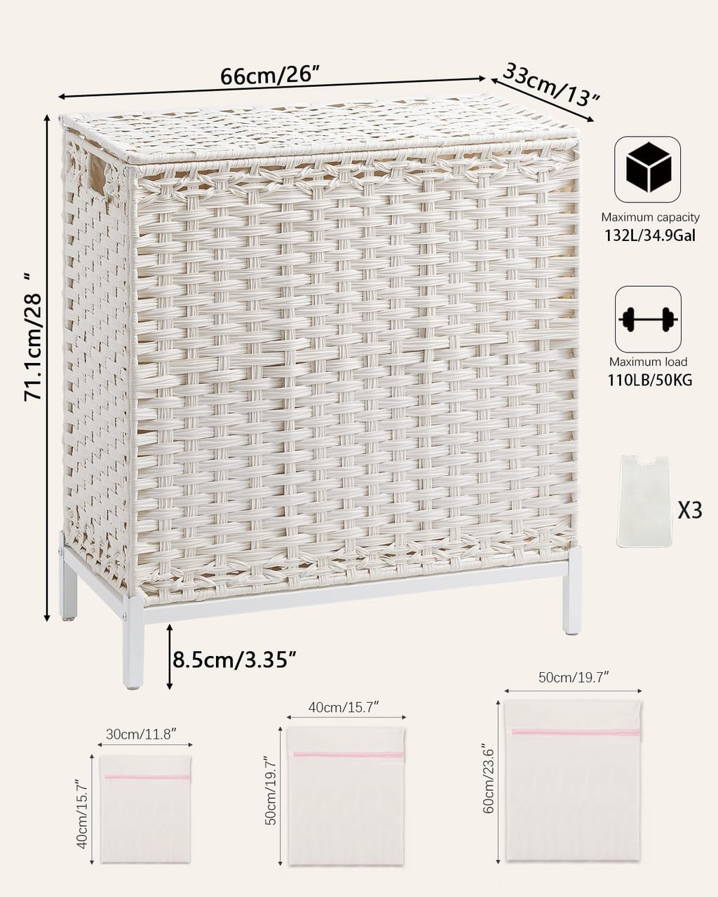 SETVSON Laundry Hamper with Lid, Large 132L Rattan Basket, White