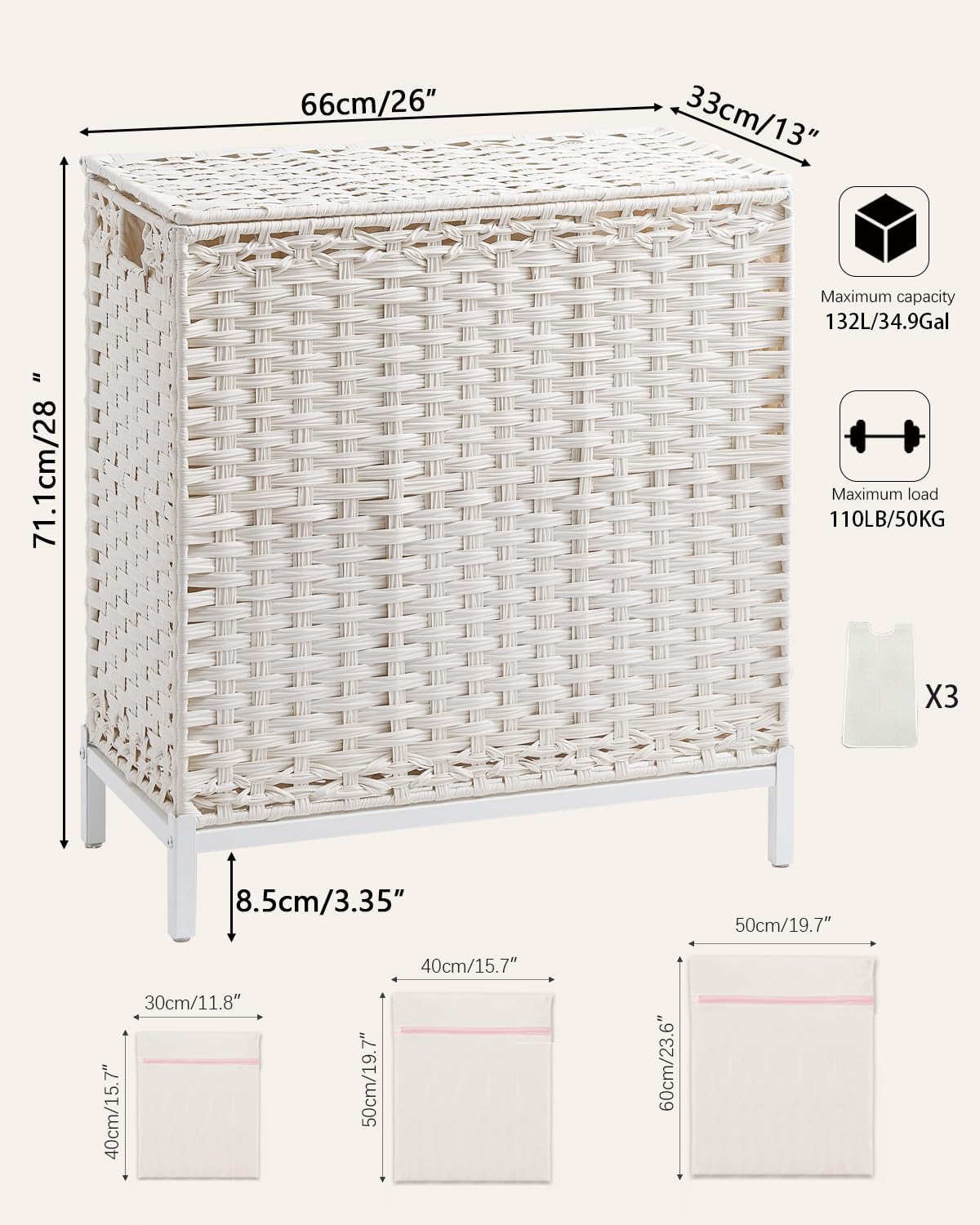 SETVSON Laundry Hamper with Lid, Large 132L Rattan Basket, White