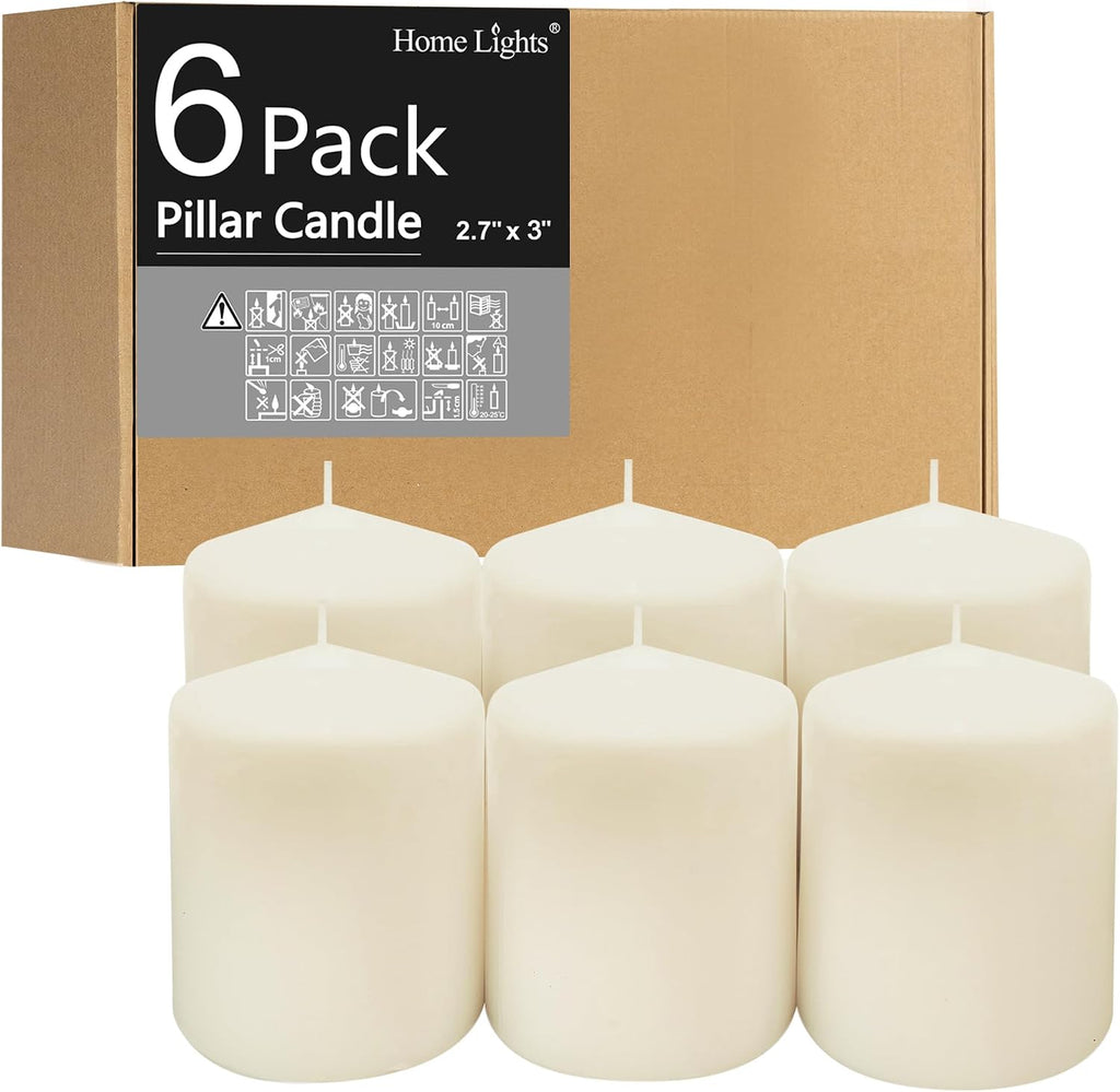 Pillar Candles - 2.7x3 inch | 30 Hours Burning, 6 Count - White Unscented Smokeless European Pillar Candles - Perfect for Wedding, Parties, Spas, Home Gatherings and Dinner