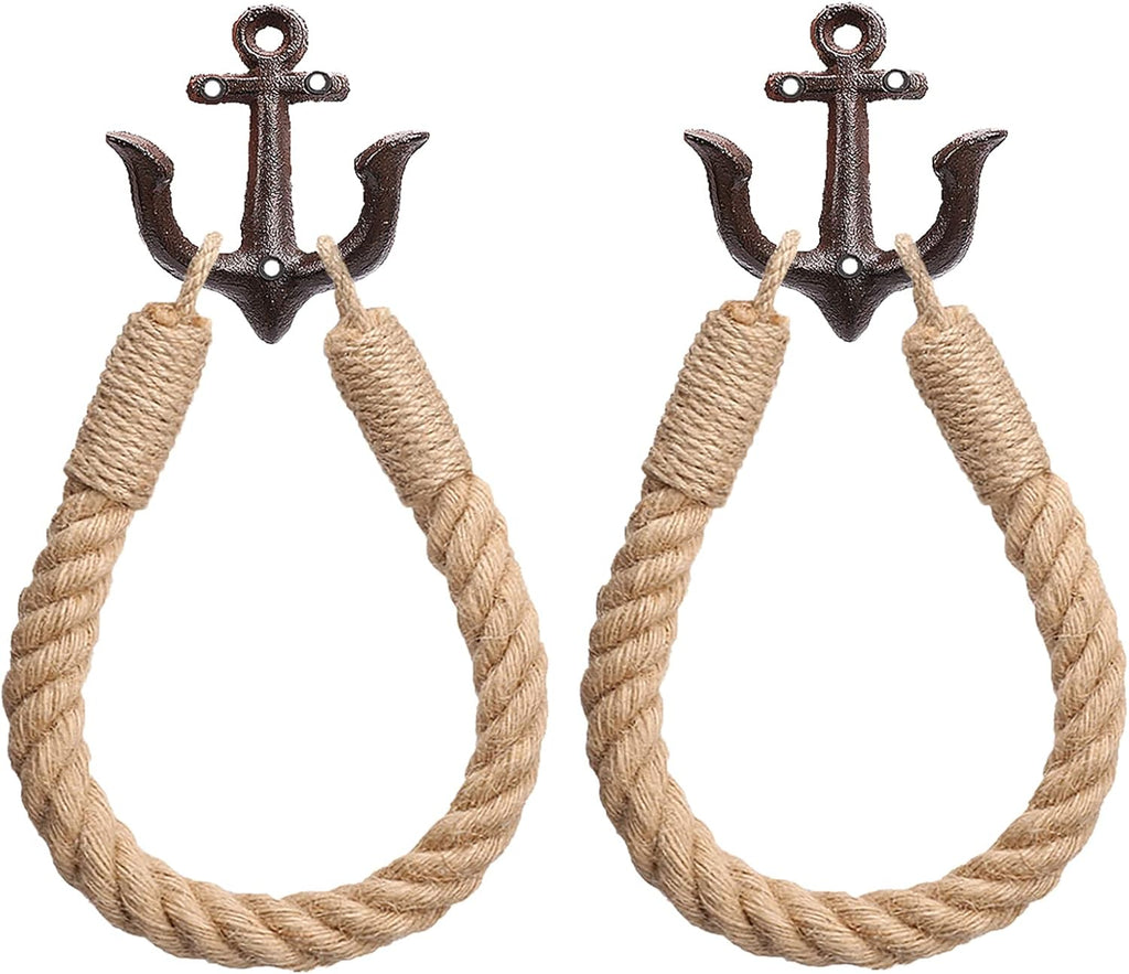 2 Pcs Nautical Rope Toilet Paper Holder Wall-Mounted Towel Ring Nautical Toilet Paper Holder with Metal Hooks Coastal Towel Rack Natural Antique Rope(Black+Black)