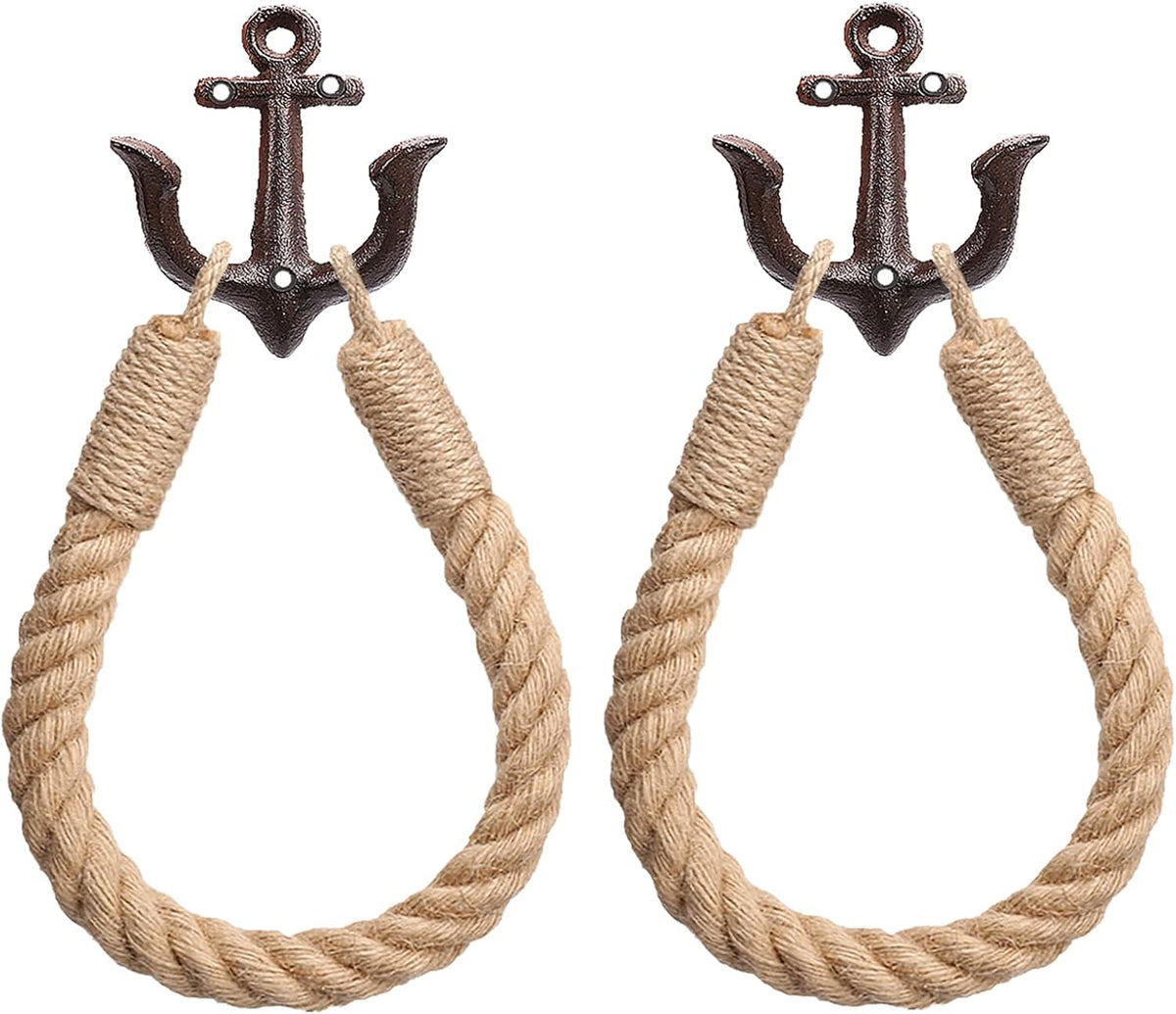 2 Pcs Nautical Rope Toilet Paper Holder Wall-Mounted Towel Ring Nautical Toilet Paper Holder with Metal Hooks Coastal Towel Rack Natural Antique Rope(Black+Black)