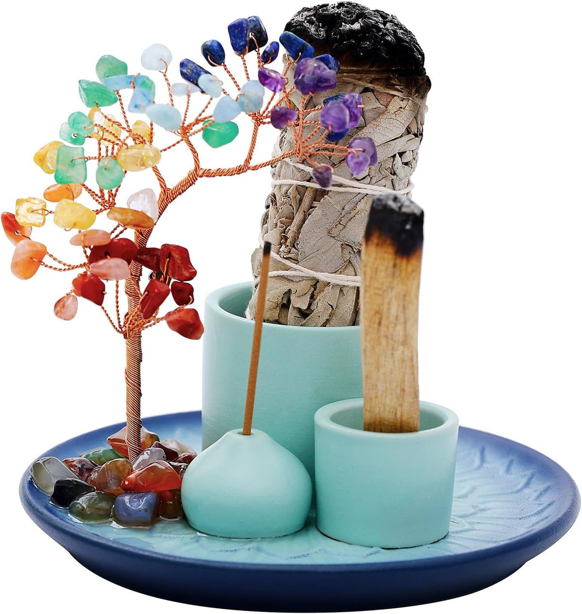 5 in 1 Incense Burner Holder with Crystal Tree for Burning Palo Santo Stick, Sage, Incense Sticks, Candle, Ceramic Tray Ash Catcher, Meditation Gift (Sky-Blue)
