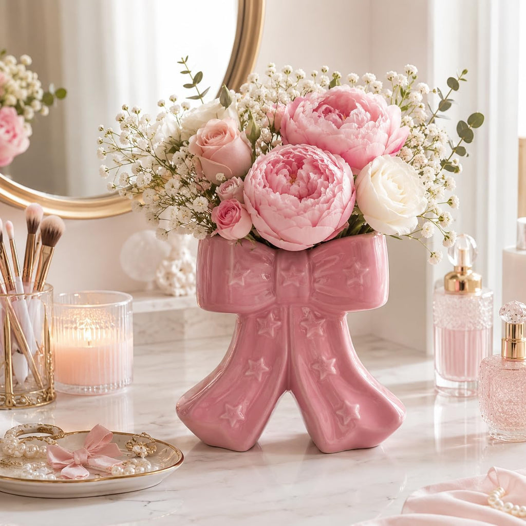 Pink Bow Vase, Hot Pink Flower Vase for Home Decor