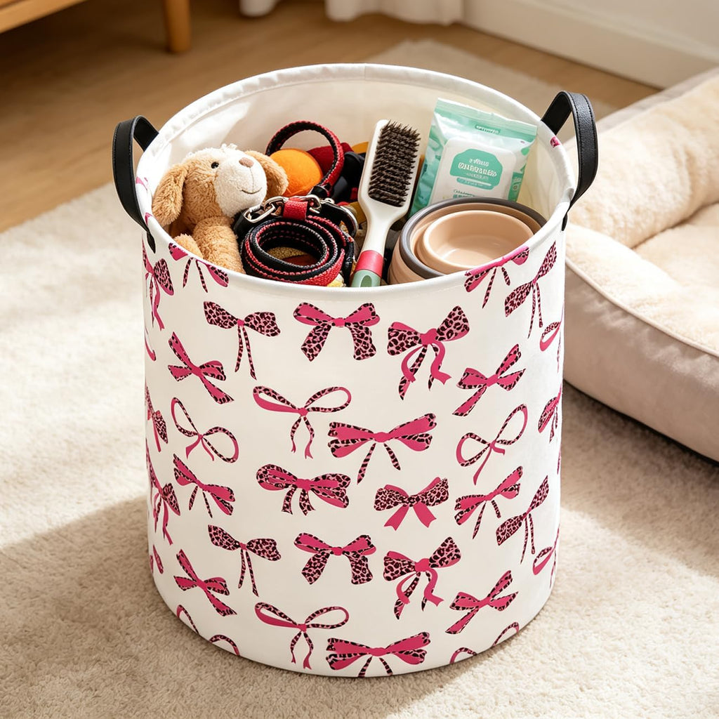 19.7" Laundry Basket,Dirty Clothes Hamper,Waterproof Storage Bin,Room Decor,Gift Baskets(New Leopard Print Bow)