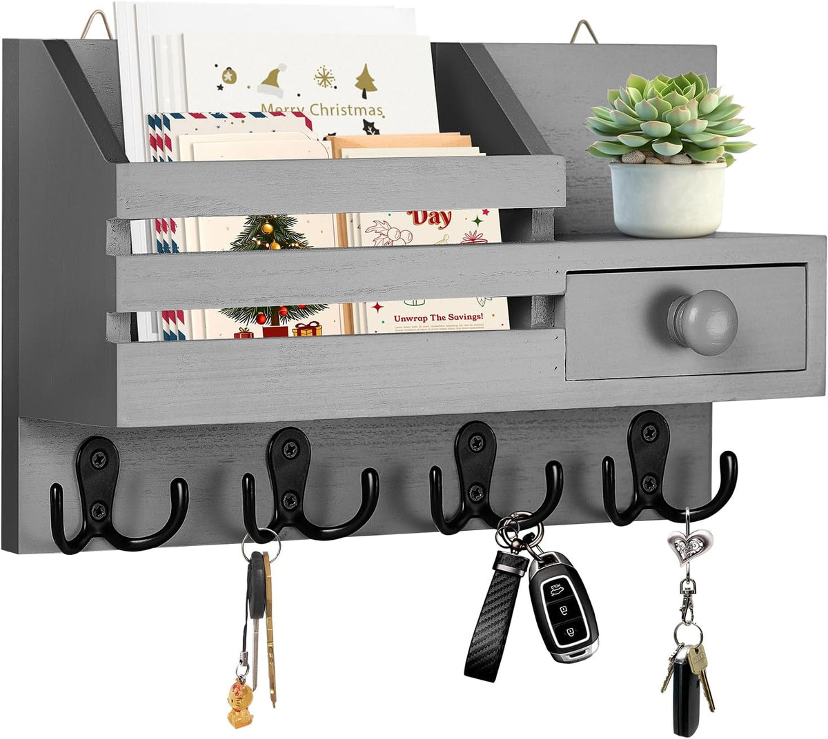 Key Holder Wall Mount, Wooden Key and Mail Organizer, Gray