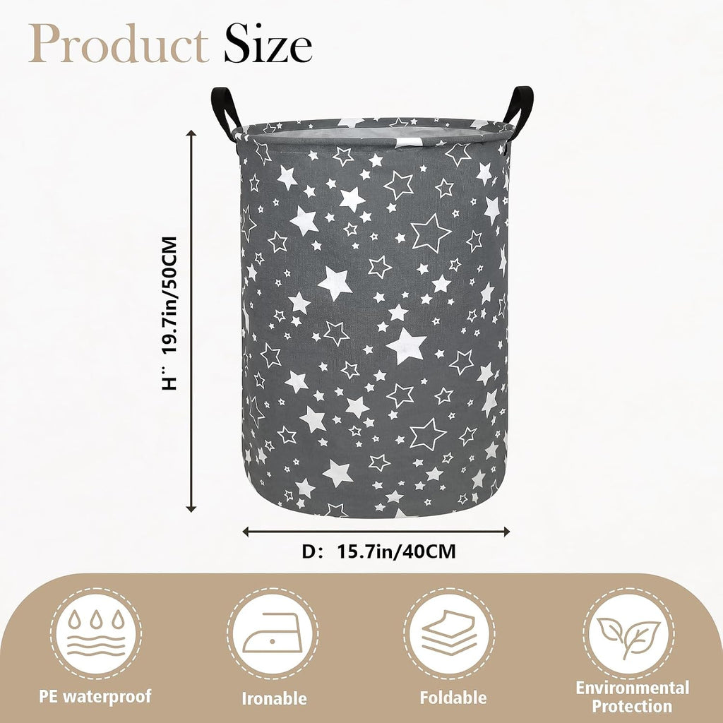 Round Fabric Collapsible Storage Basket with Handles,Grey star