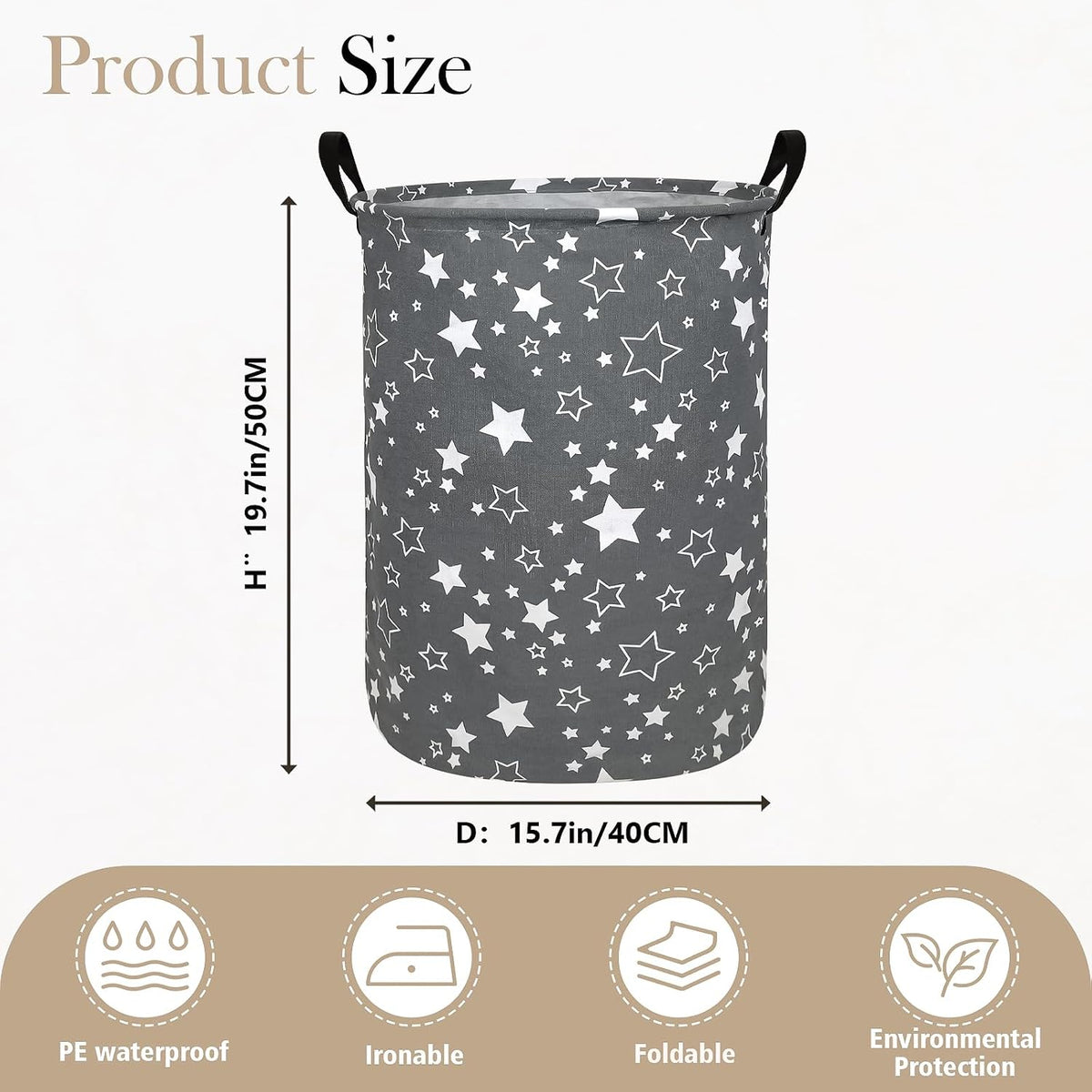 Round Fabric Collapsible Storage Basket with Handles,Grey star