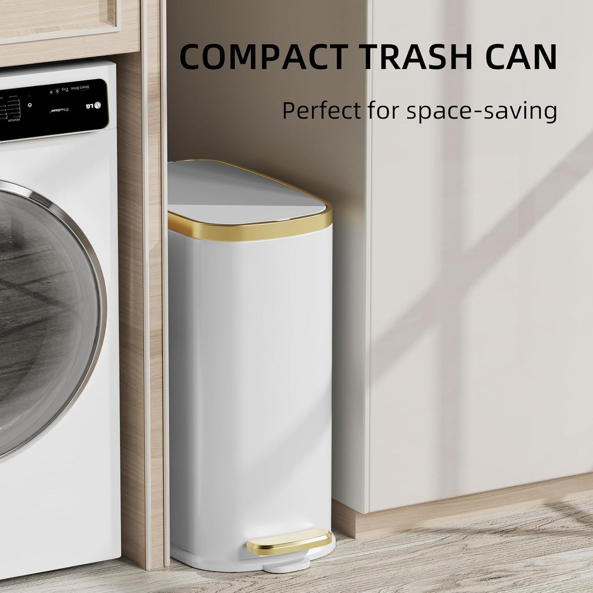 KUK Small Bathroom Trash Can with Lid Soft Close, Step Pedal, 2.6 Gal Stainless Steel Garbage Can with Removable Inner Bucket, Anti-Fingerprint Wastebasket for Office, Bedroom, Toilet (White)