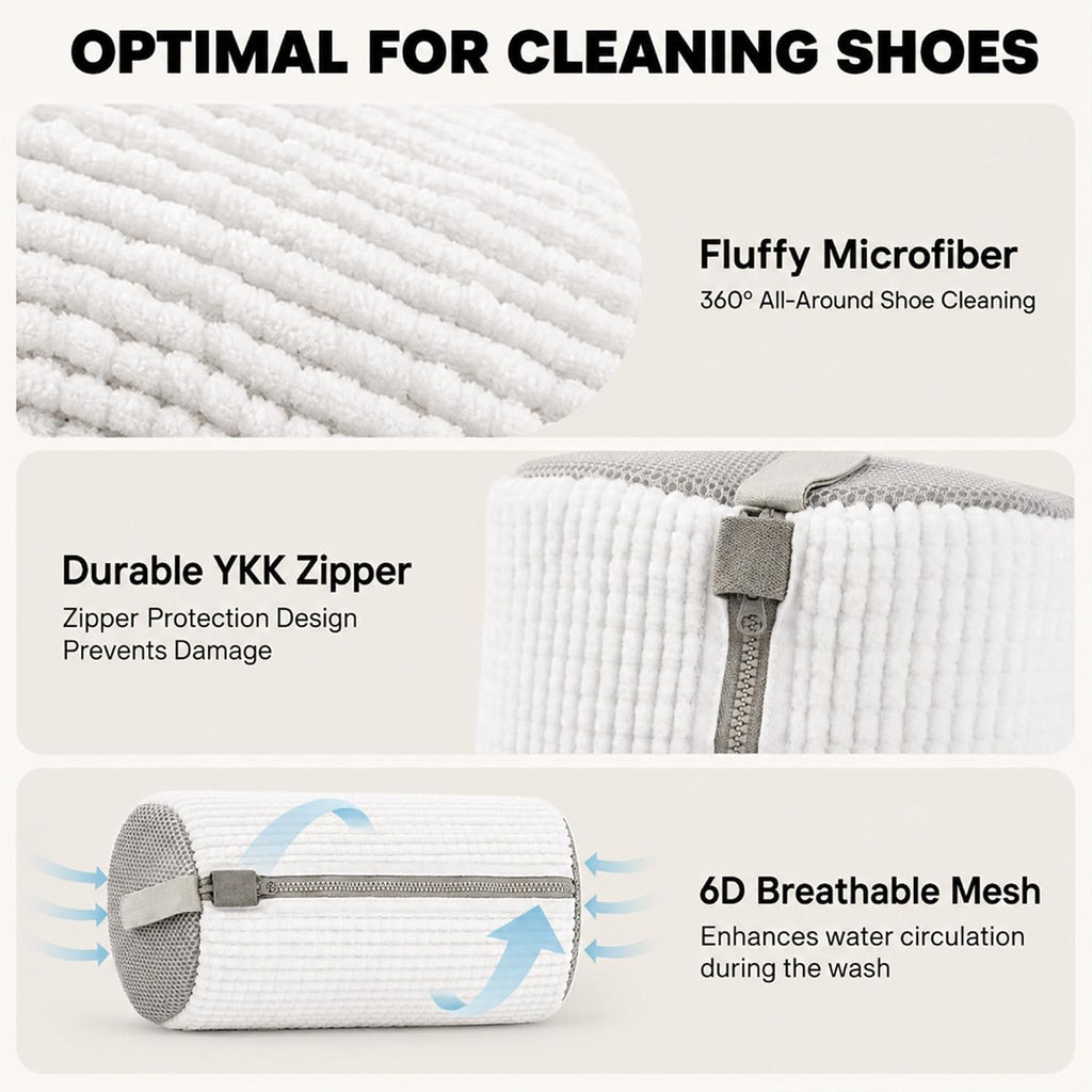 Sneaker Washing Machine Bag for Shoes, 360° Deep Cleaning Microfiber Laundry Bag with Secure Zipper, Reusable Shoe Washer Bag, Includes 4 Adjustable Shoe Trees & 2 Bags