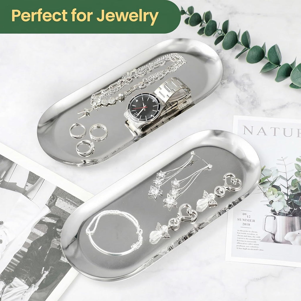 2PACK Silver Decorative Tray, Bathroom Vanity Tray for Dresser Counter, Stainless Steel Jewelry Dish Tray for Decor, Perfume Ring Key Candle Organizer Tray, Oval