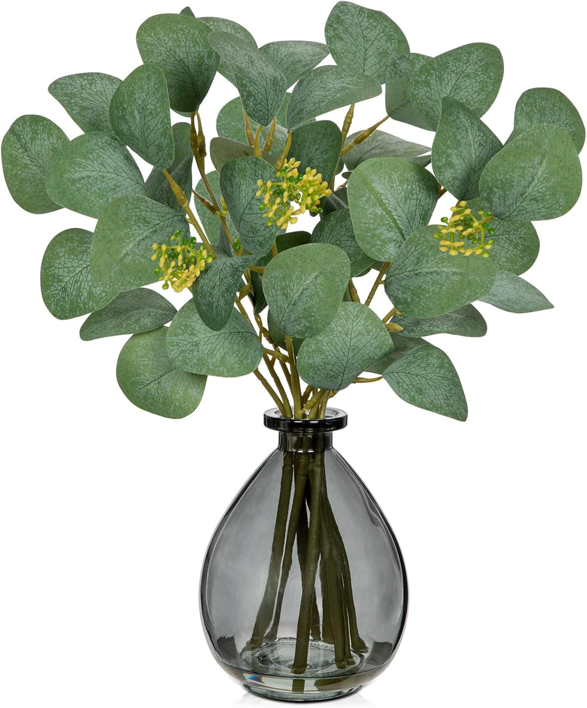 DILATATA Artificial Eucalyptus Stems in Glass Vase with Faux Water, 13" Fake Plant Eucalyptus Leaves Greenery for Table Centerpiece Office Home Decor - Black
