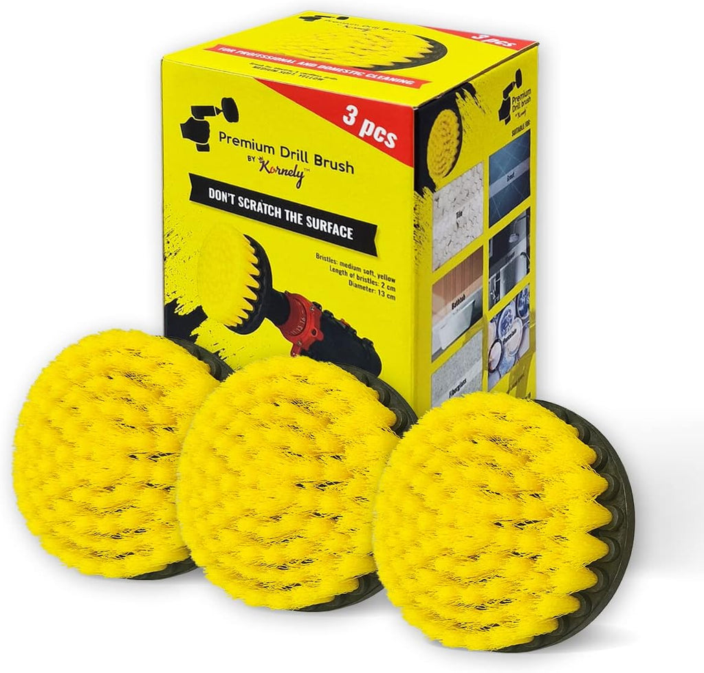 Premium Drill Brush Professional – Medium-Soft 5 in Yellow Set of 3 | Scratch-Free Cleaning Brush for Tile, Grout, Bathtub, Shower, Fibreglass and Ceramic Surfaces