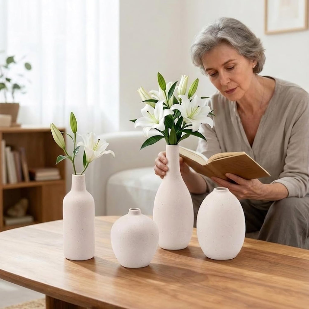 Ceramic Vase Set of 4 – Modern Farmhouse Decorative Vases for Home Decor, Minimalist Matte Pottery Vases for Flowers, Pampas Grass, Table Centerpiece, Mantel, Shelf & Entryway (Beige)