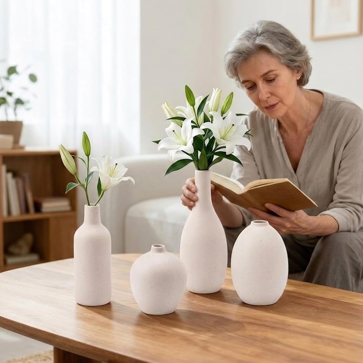 Ceramic Vase Set of 4 – Modern Farmhouse Decorative Vases for Home Decor, Minimalist Matte Pottery Vases for Flowers, Pampas Grass, Table Centerpiece, Mantel, Shelf & Entryway (Beige)