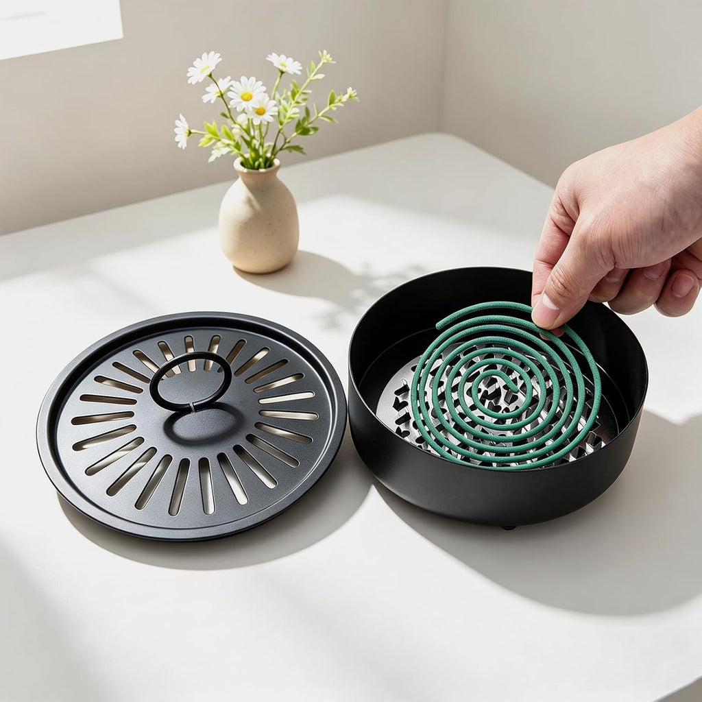 Mosquito Coil Holder Indoor Outdoor Incense Coil Holder Palo Santo Holder Burner Fire-Safety Citronella Incense Coil Holder for Home Patio Camping (Black)
